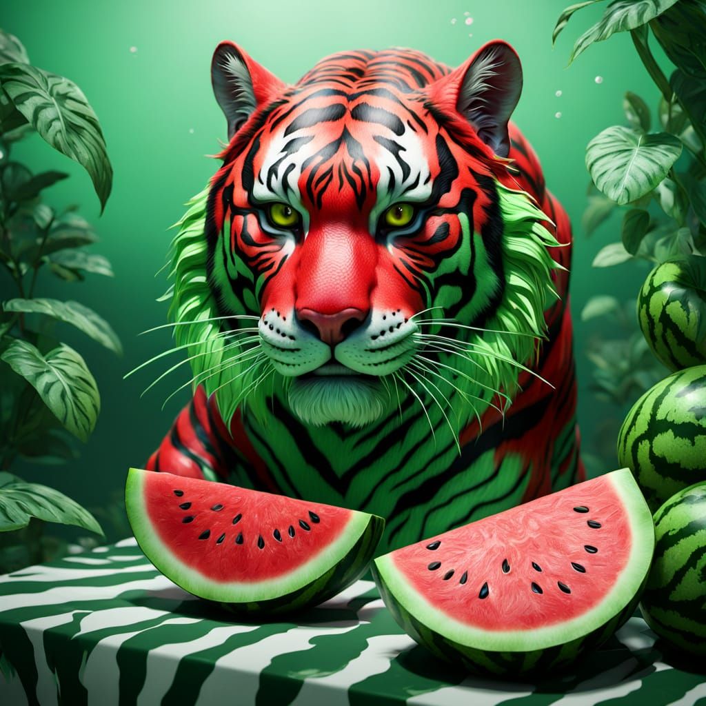 Realistic Tiger with Vibrant Watermelon Fur