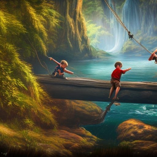 Boys' River Adventure in Detailed Matte Painting