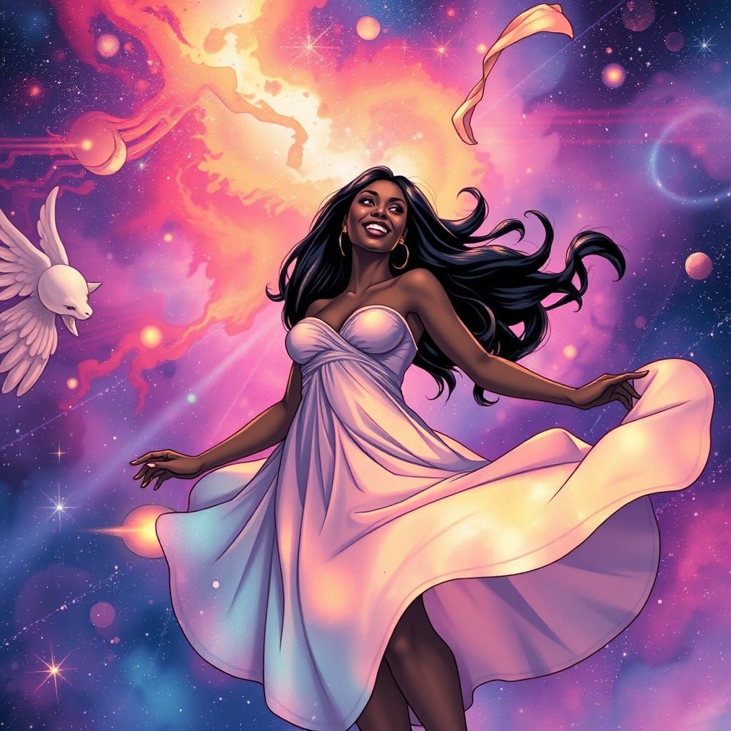 Celestial Woman in Nebula Dress, Comic Book Art