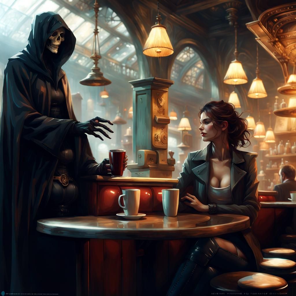 Woman Flirting with Grim Reaper in Coffee Shop