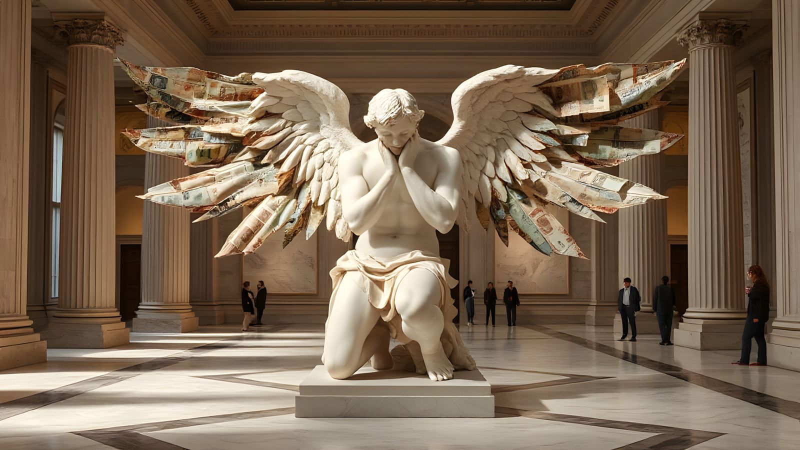 Fallen Angel Sculpture with Banknote Wings in Museum