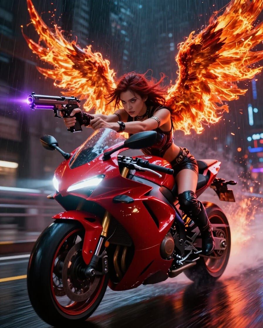 Fierce Woman With Fiery Phoenix Wings on Motorcycle