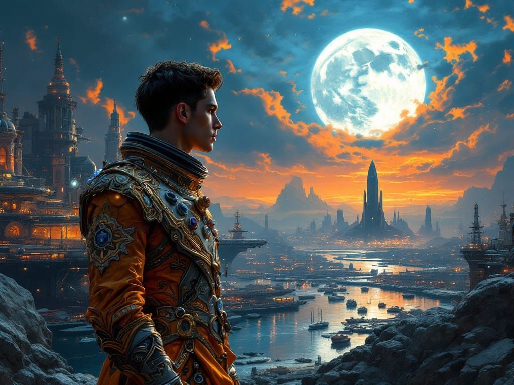 Gay Prince Contemplates Spaceport in Baroque Sci-Fi Style