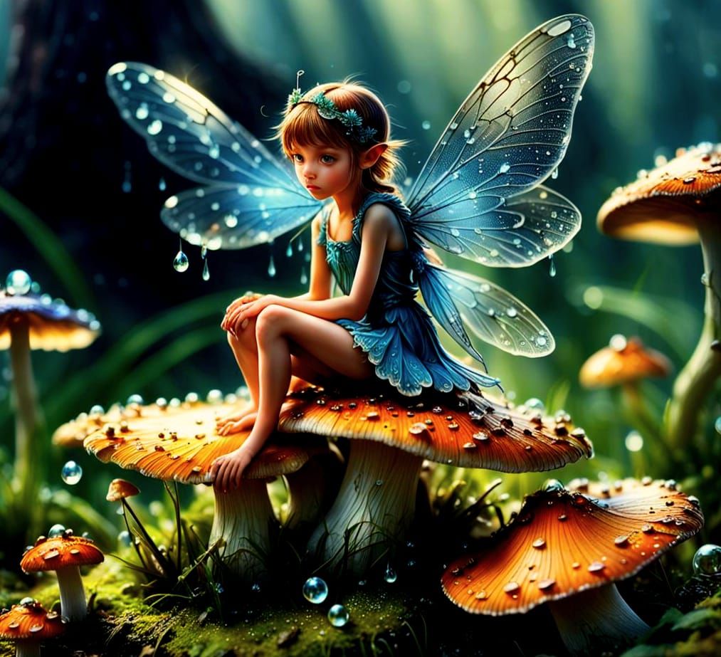 Fairy on Mushroom: Macro Photograph in Morning Light