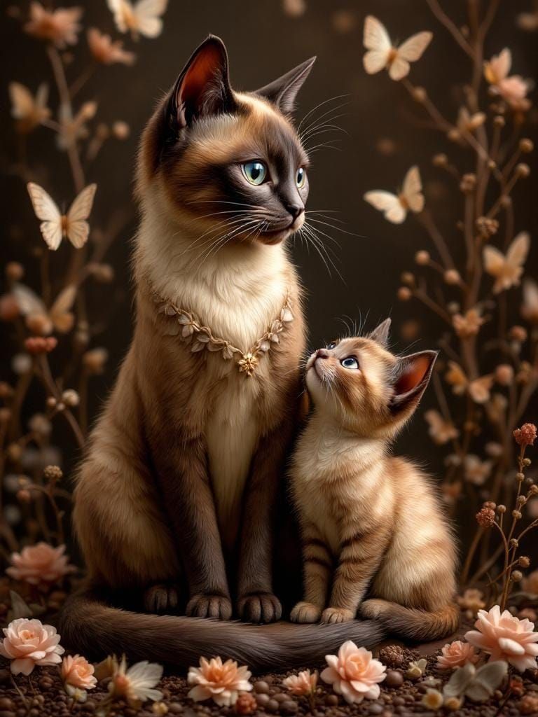 Chocolate Siamese Cat and Kitten Sculpture