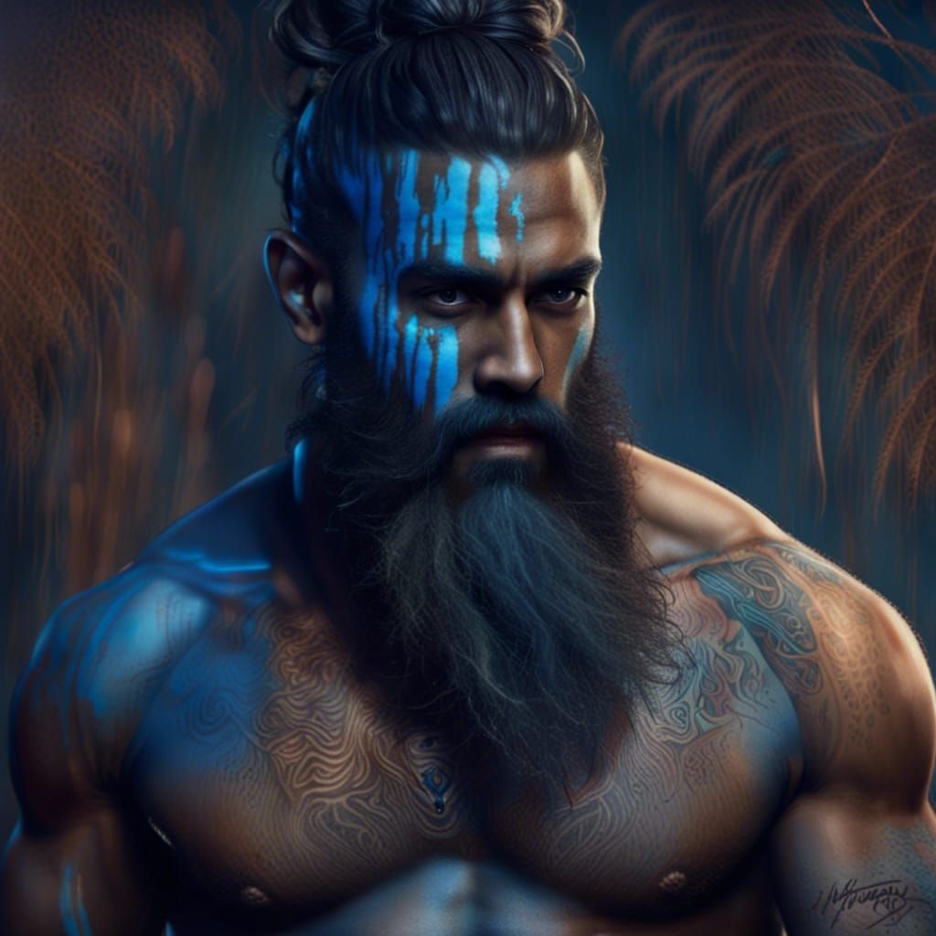 Handsome Bearded Man with Man Bun in Detailed Painting