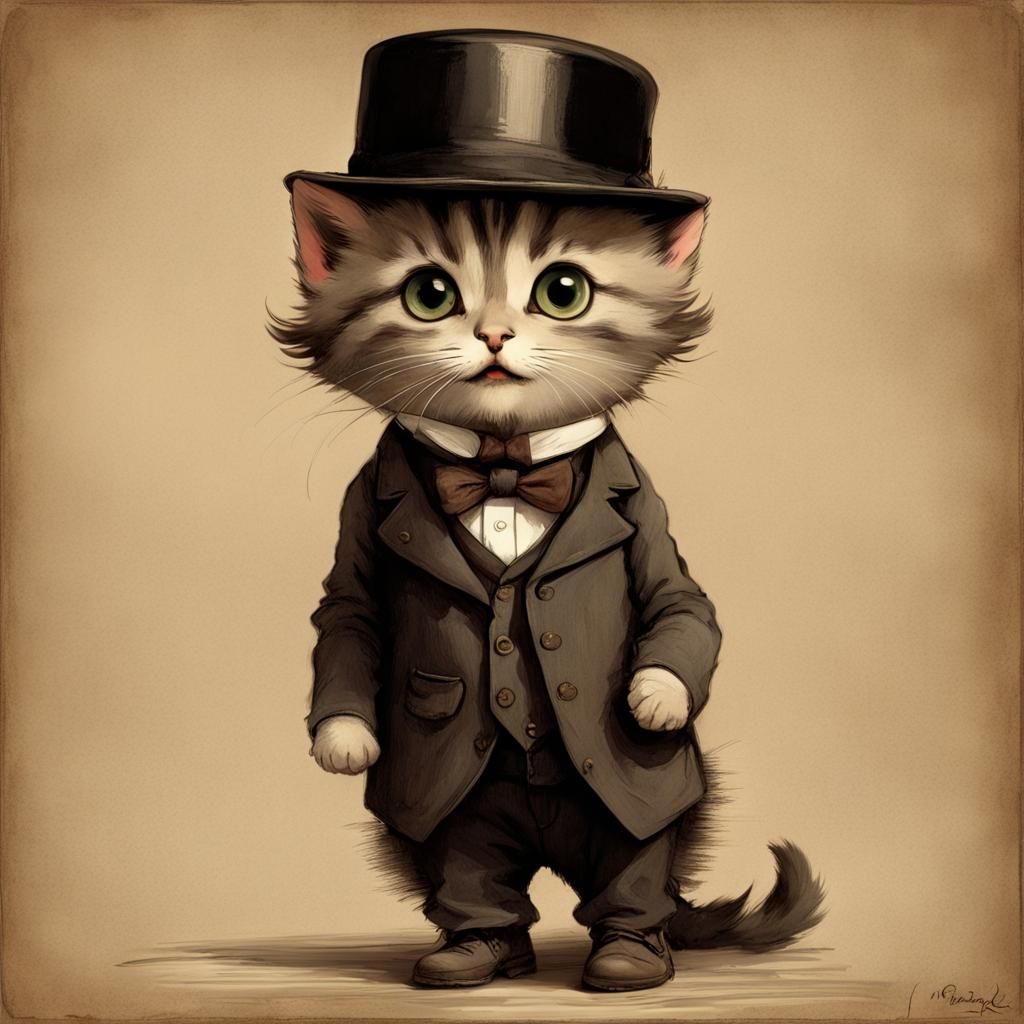 Kitten as Charlie Chaplin in Vintage Film Still