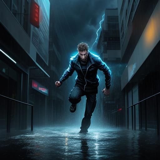 Parkour Athlete in a Stormy, Flooded City