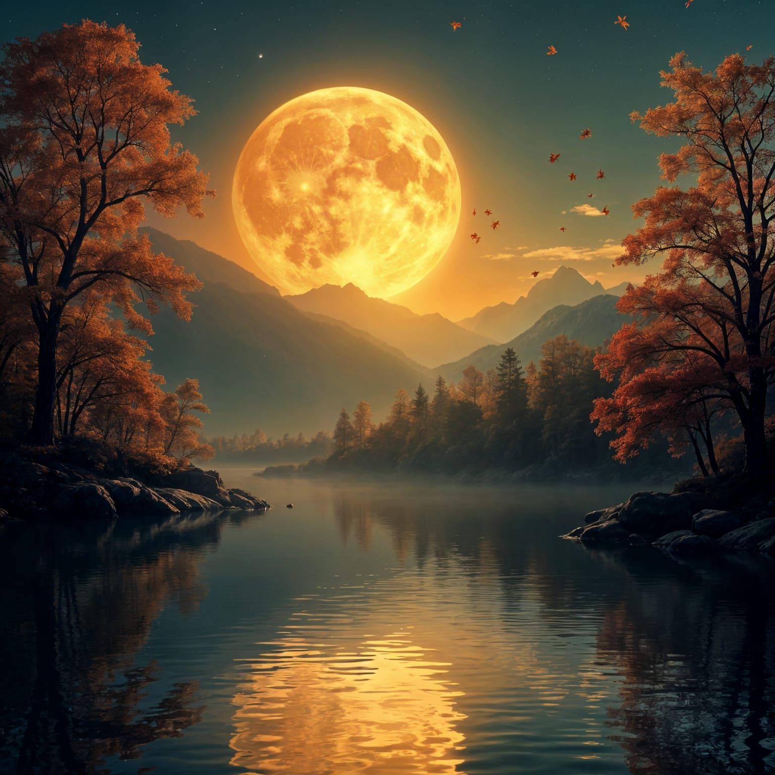 Serene Autumn Lake Reflects Glowing Full Moon