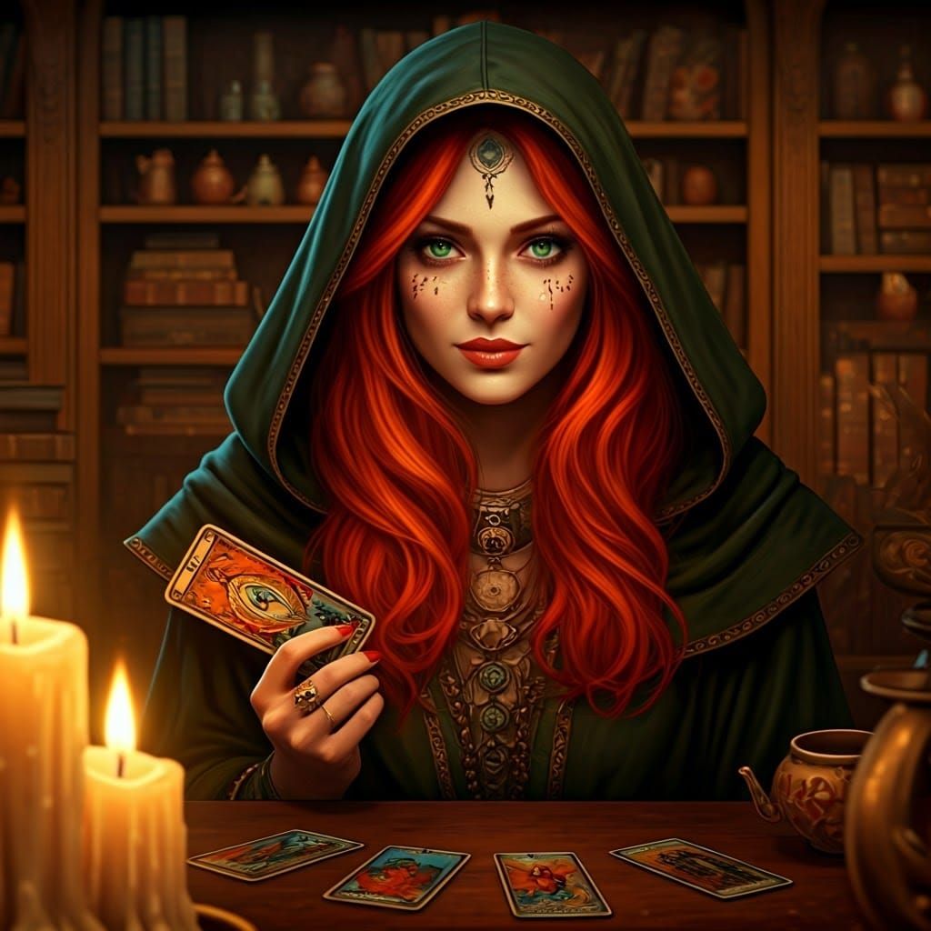 Mysterious Woman Reading Tarot in Ornate Tea Shop