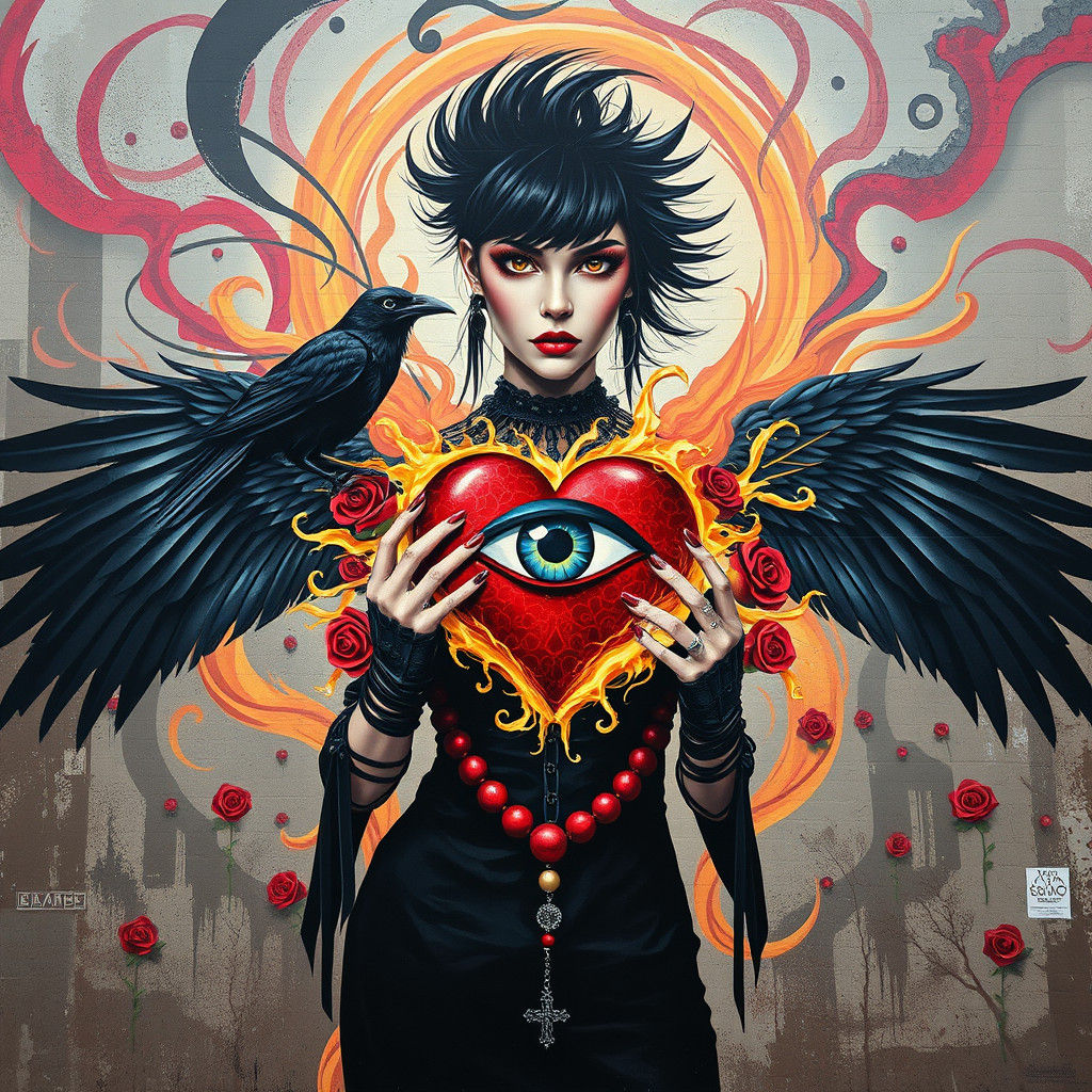 Goth Punk Woman with Flaming Heart in Surrealist Mural