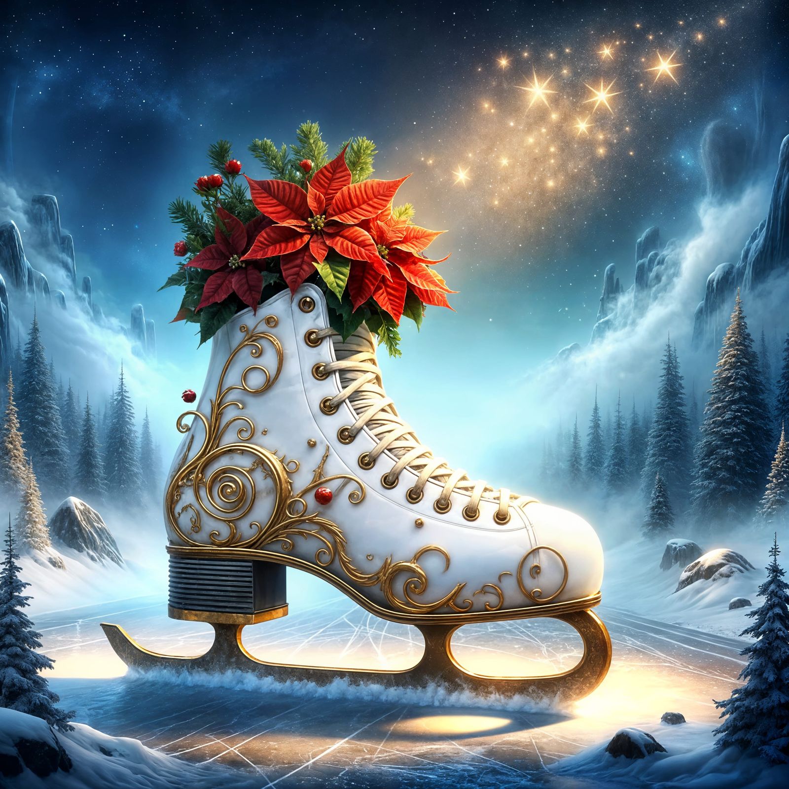Steampunk Ice Skate with Poinsettias and Stars