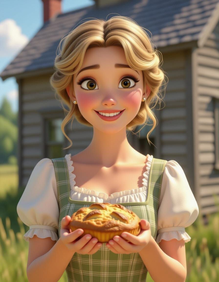 Homesteader Woman with Baked Good, Pixar Style