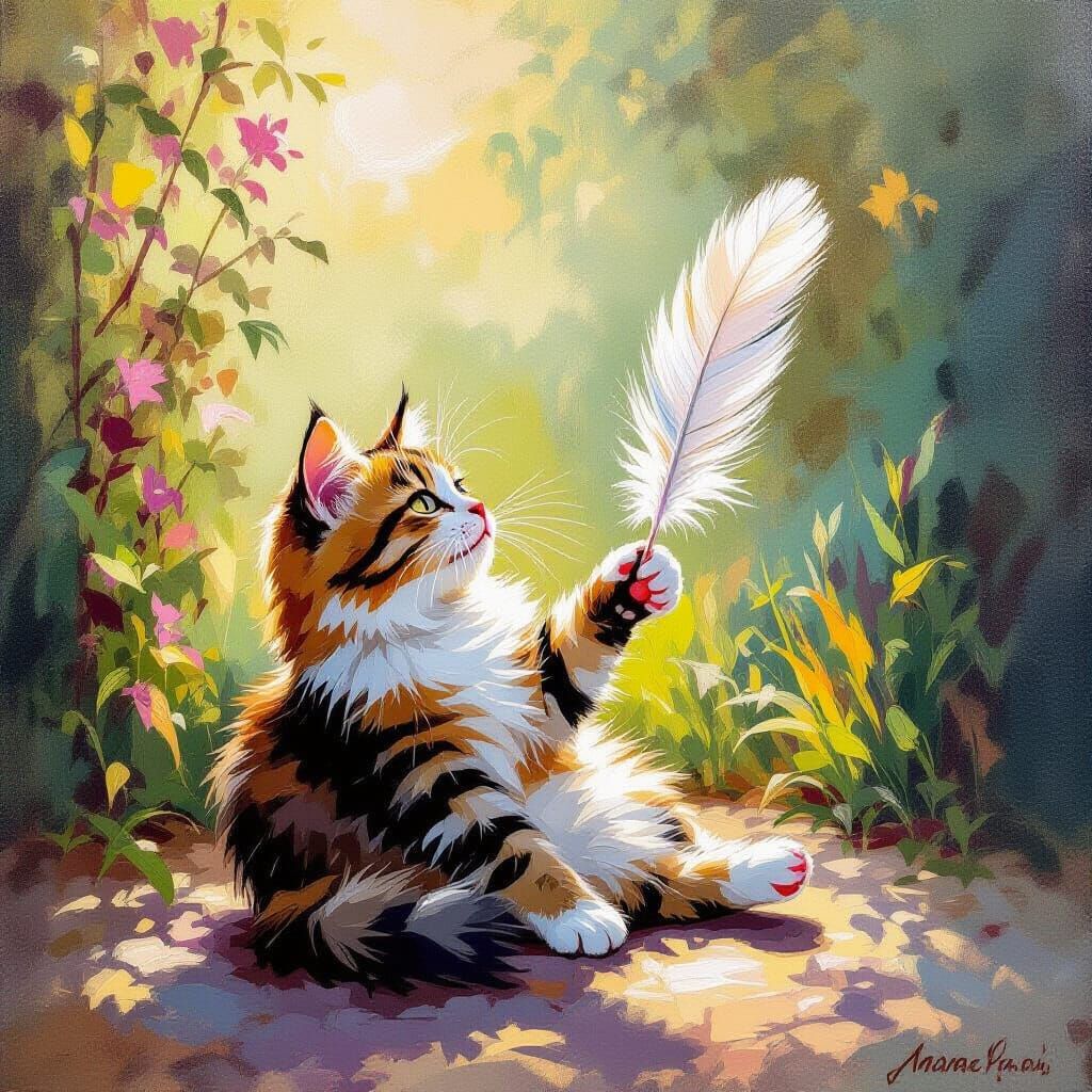 Cat Playing with Feather in Gouache Style