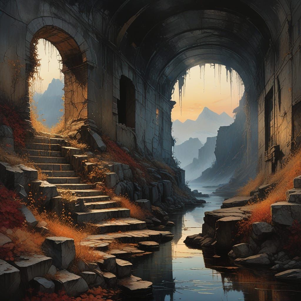 Weathered Sign Amidst Ruins in Dreamy Watercolor