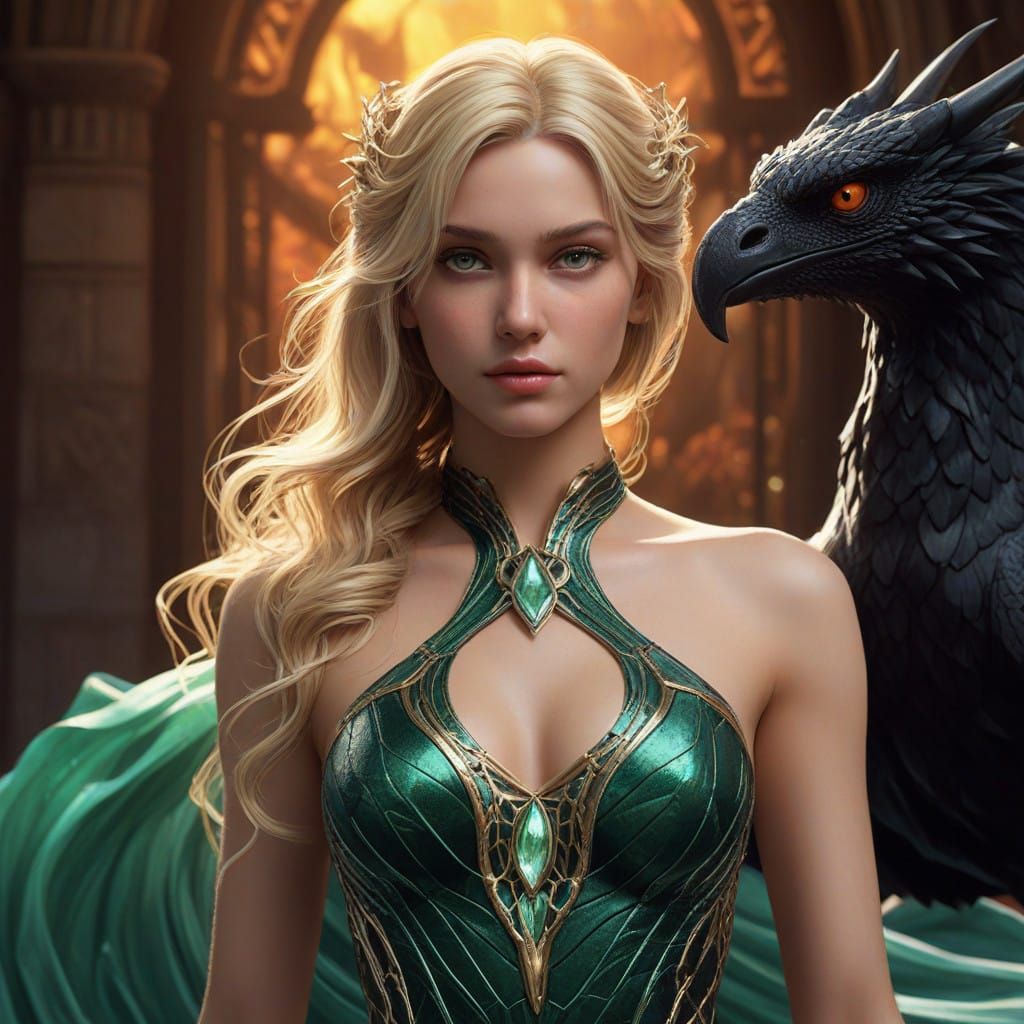 Ethereal Dragon Goddess Amidst Erupting Volcano