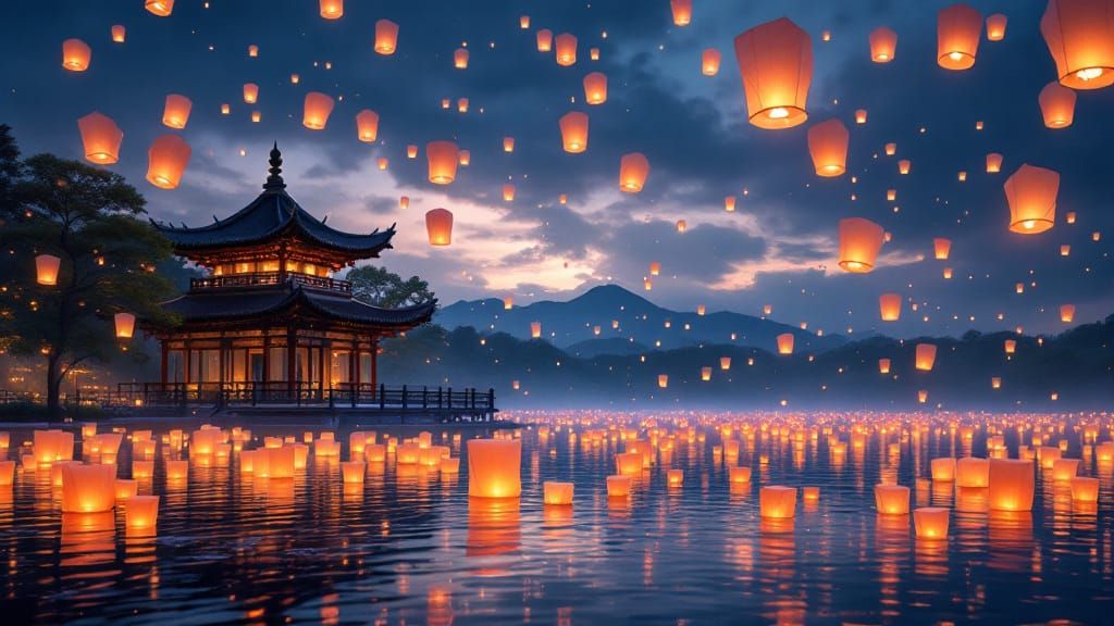 Lantern Festival Over Lakeside Pagoda in Cinematic Style