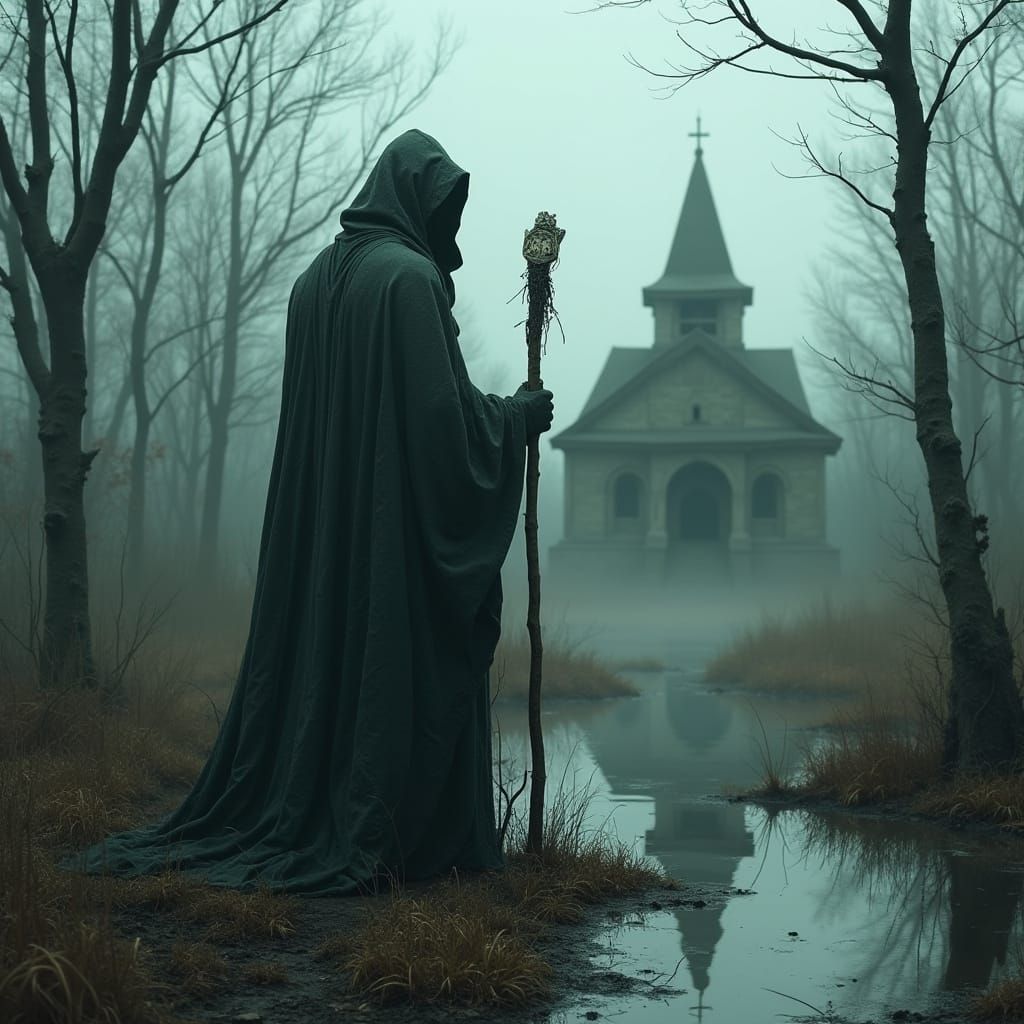 Hooded Figure in Swamp Before Abandoned Church