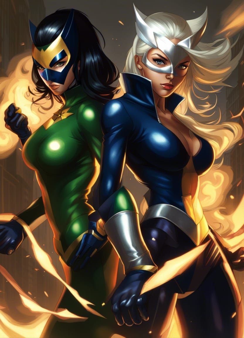 Superheroines in a Dramatic Battle Scene