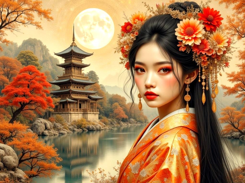 Woman in Golden Kimono with Red Flowers, Japanese Pagoda