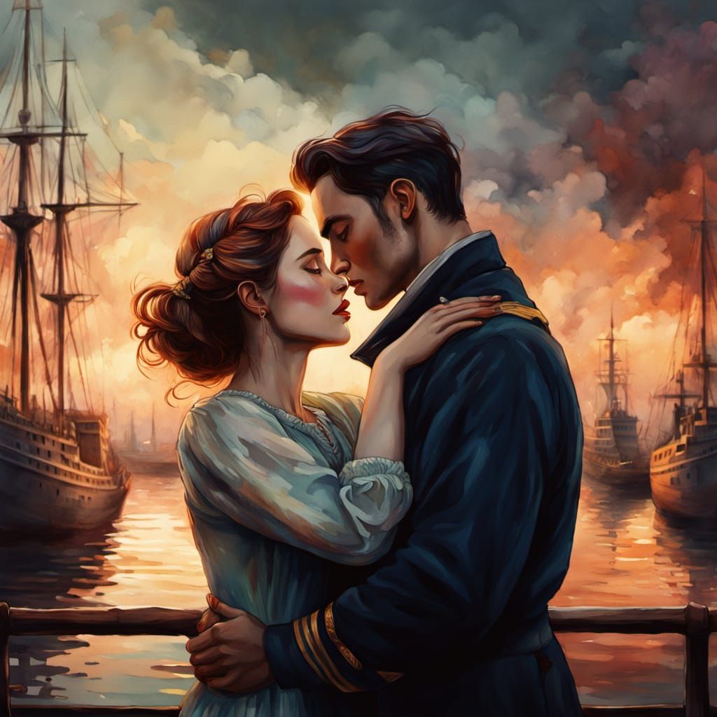 Romantic Sailor's Embrace in Soft Watercolor Hues