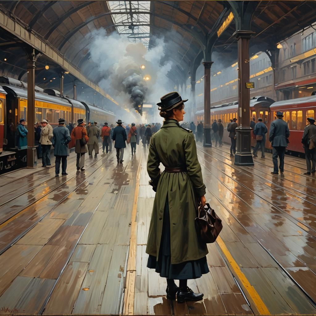 Train Station Scene in Watercolor Painting Style