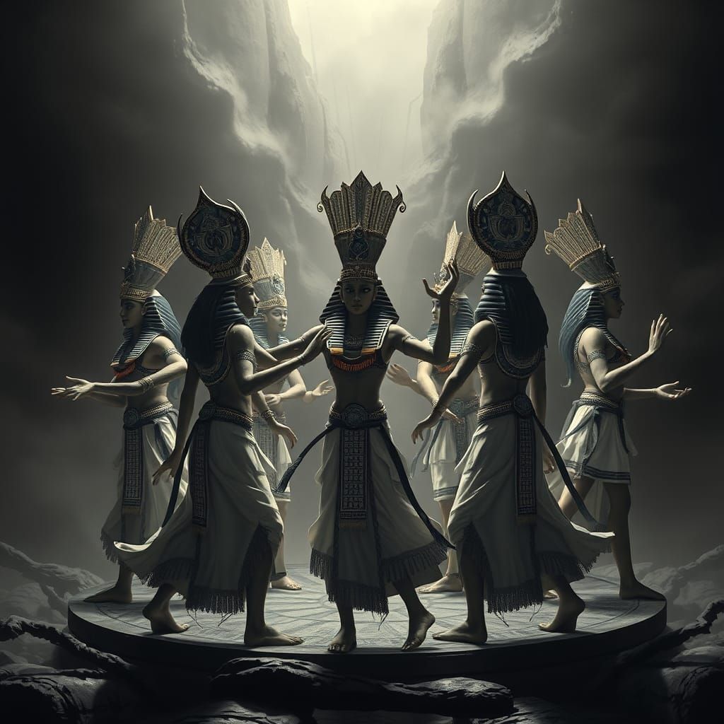 Egyptian Gods Dancing in Black and White