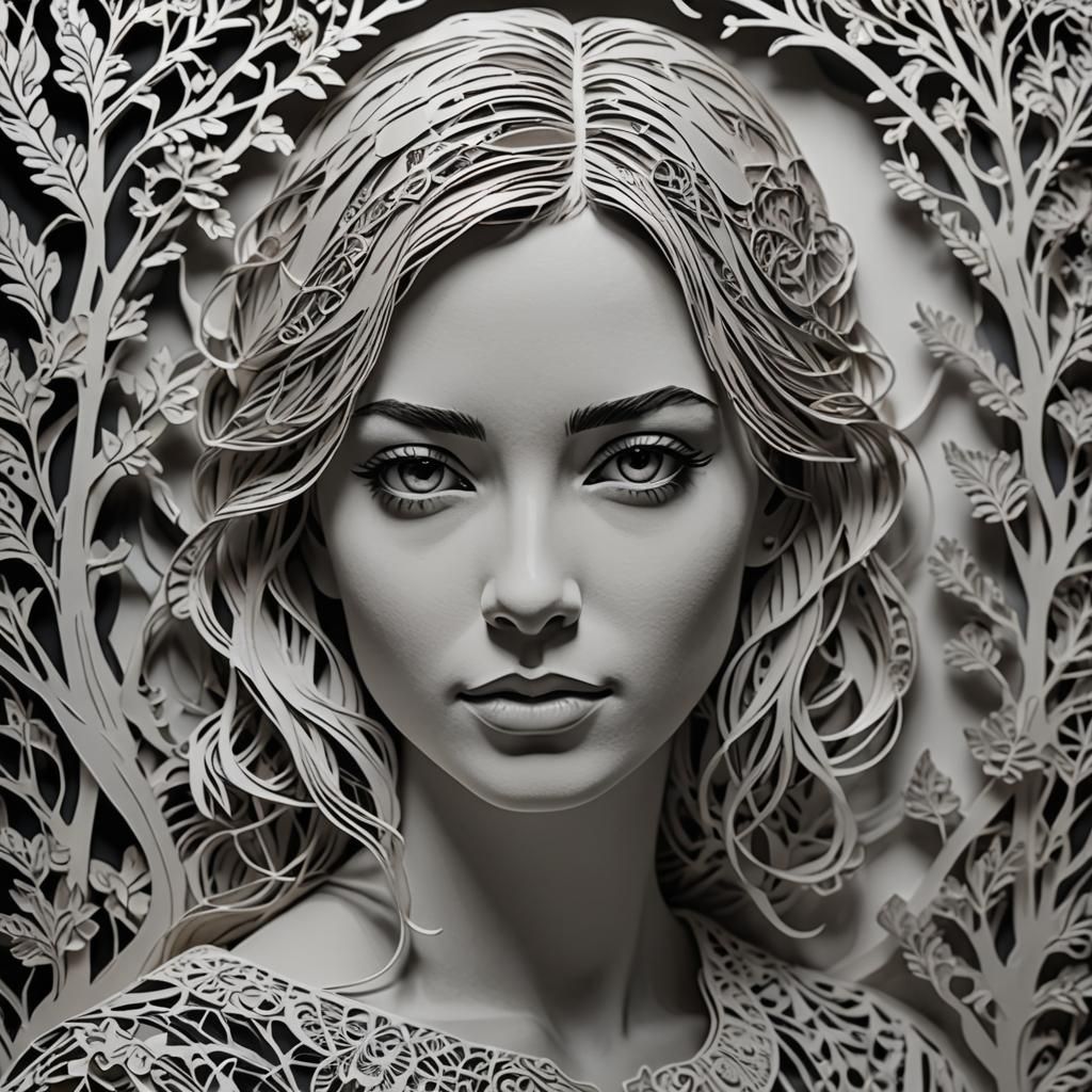 Hyperrealistic Papercut Portrait of a Young Woman