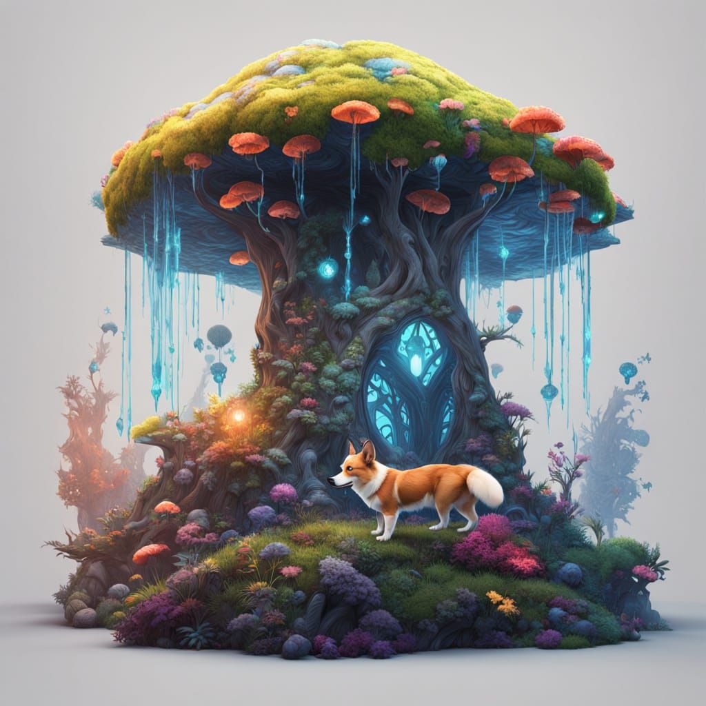 Curious Corgi in Enchanted Forest with Bioluminescent Mushro...