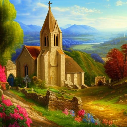 Picturesque Medieval Church on Hill in Sunlight