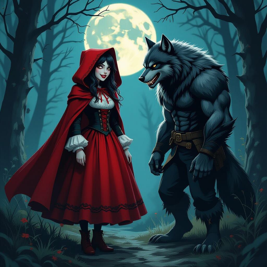 Vampire Red Riding Hood and Werewolf in Forest