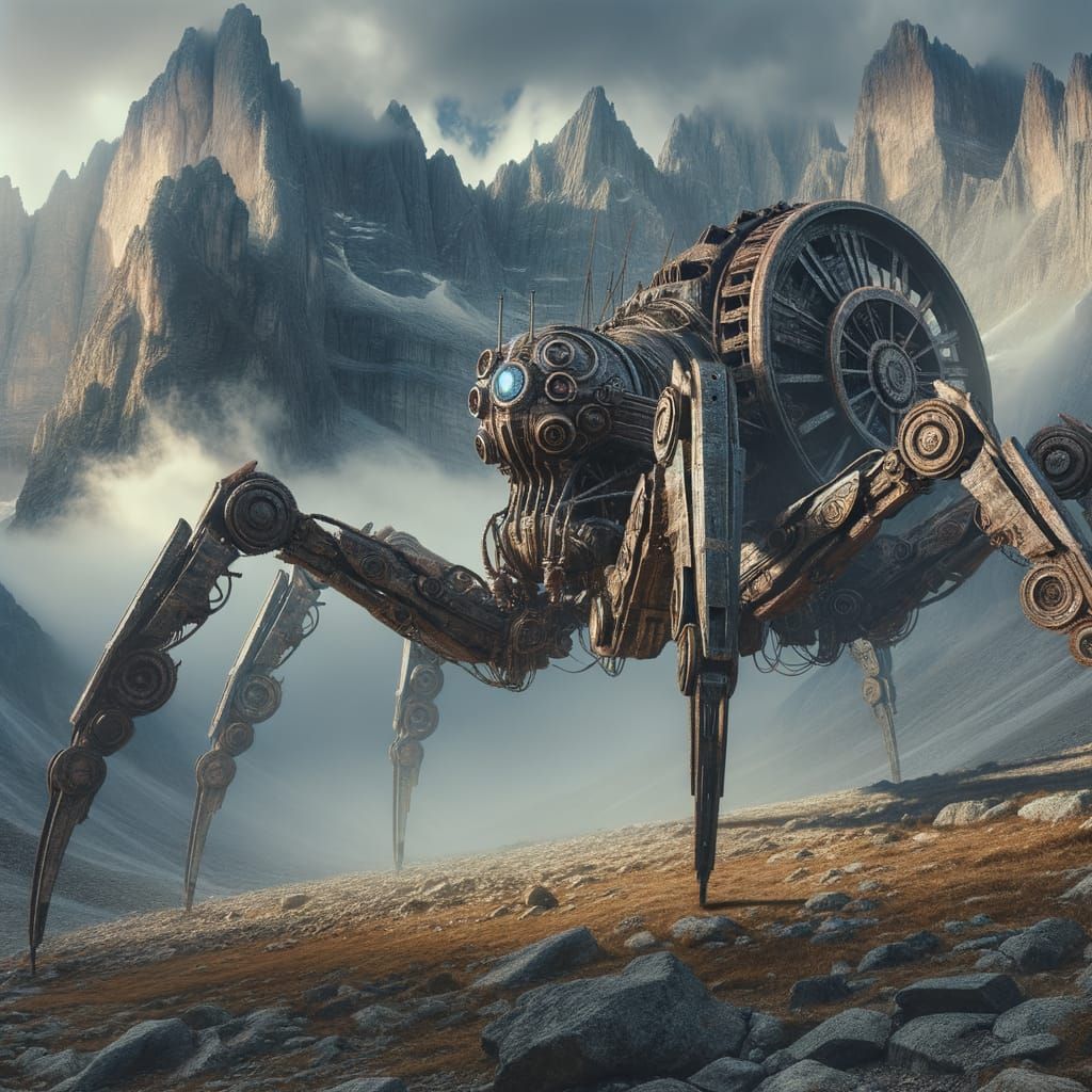 Steampunk Spider Walker in Mountain Landscape