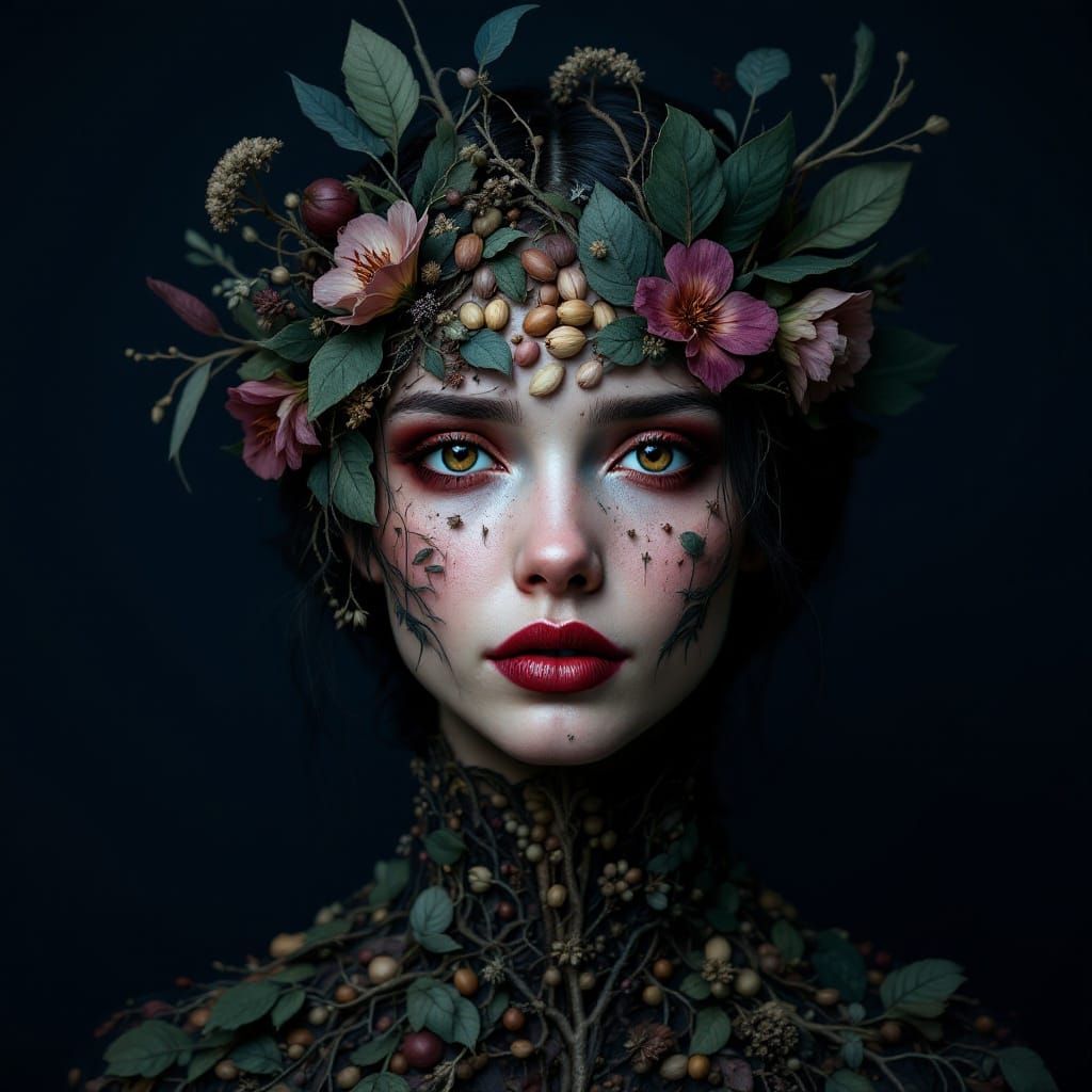 Surreal Female Portrait Composed of Autumnal Flora
