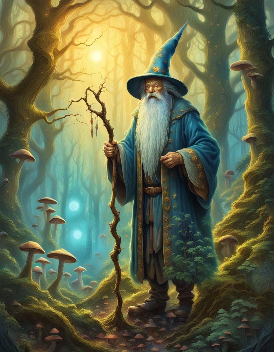 Mystical Wizard in Misty Forest: Fantasy Illustration