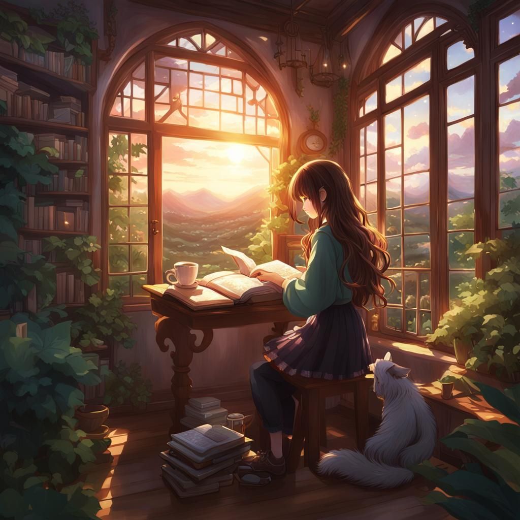 Anime Girl Studying in Sunlit Room