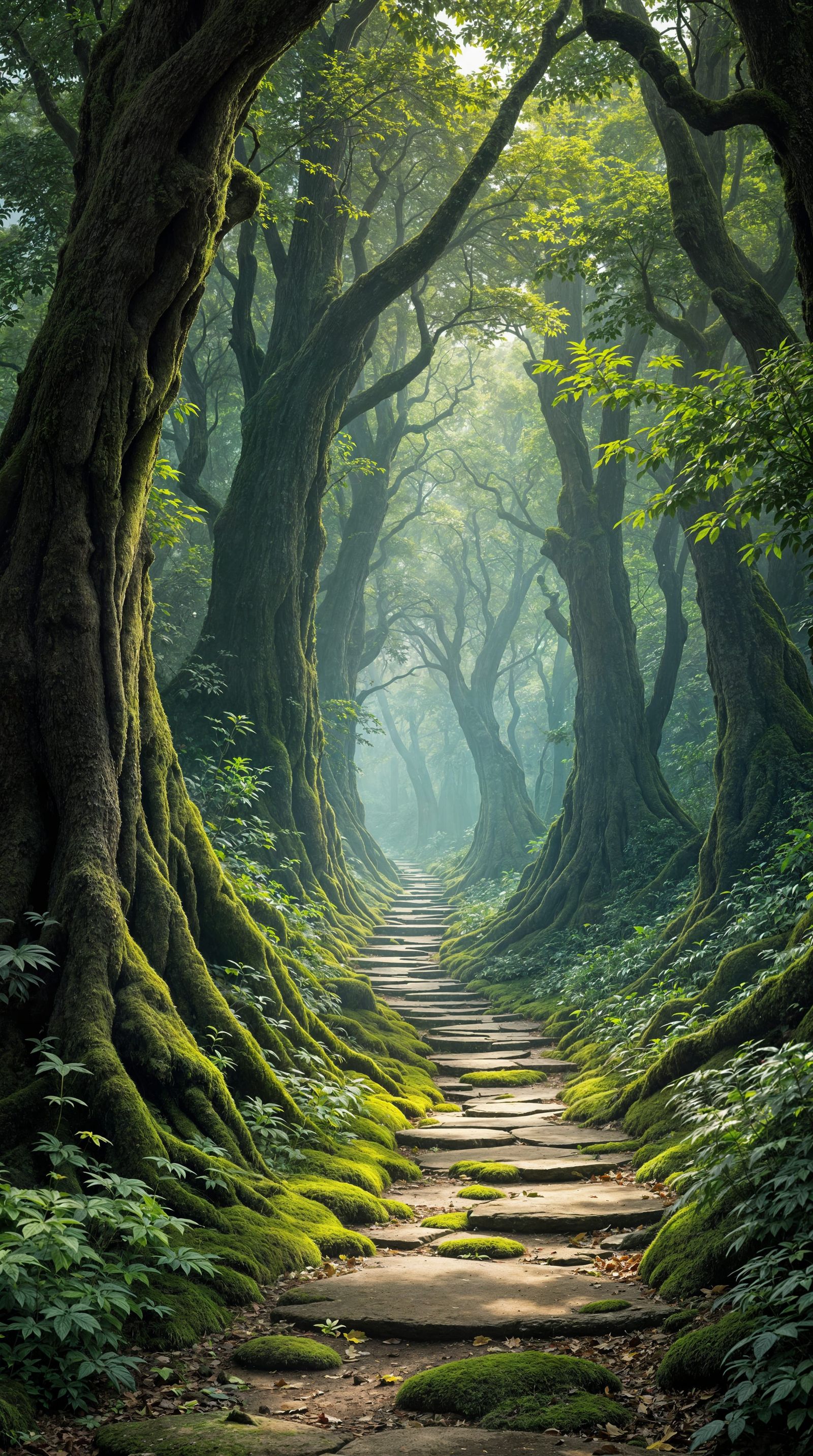 Whispering Ancient Forest Pathway in Enchanted Woodland