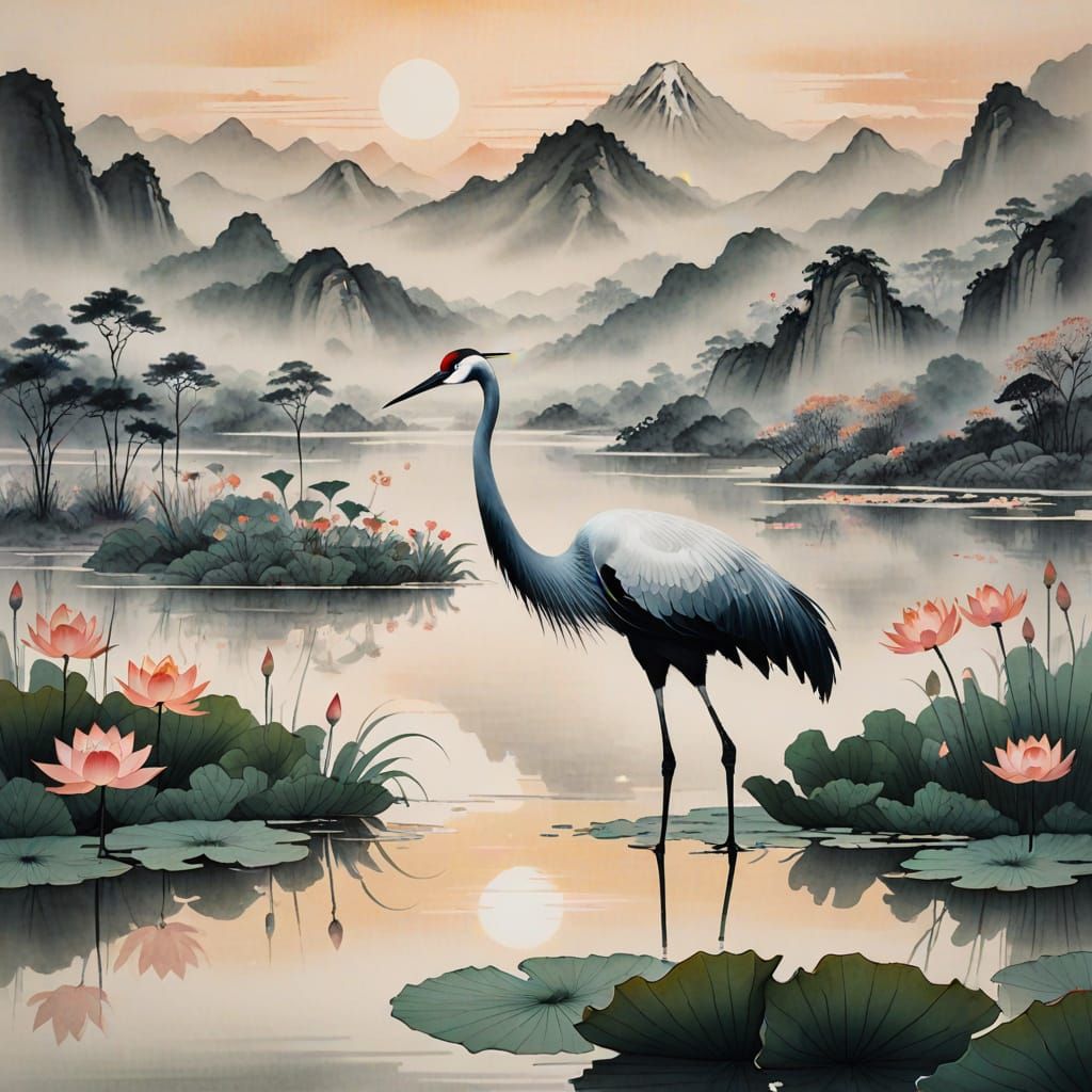 Elegant Crane Amidst Misty Mountains and Sunset Glow