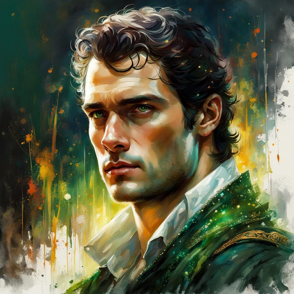 mallen streak piebald white forelock at the front of black hair full body clothed young teenage Henry Cavill with green ...