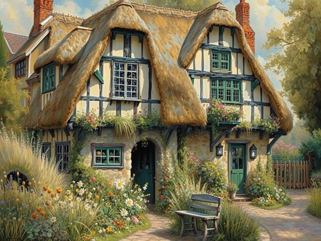 Idyllic Thatched-Roof House with Spring Garden View