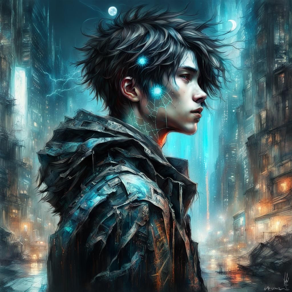 Cyberpunk goth boy, cyberpunk city