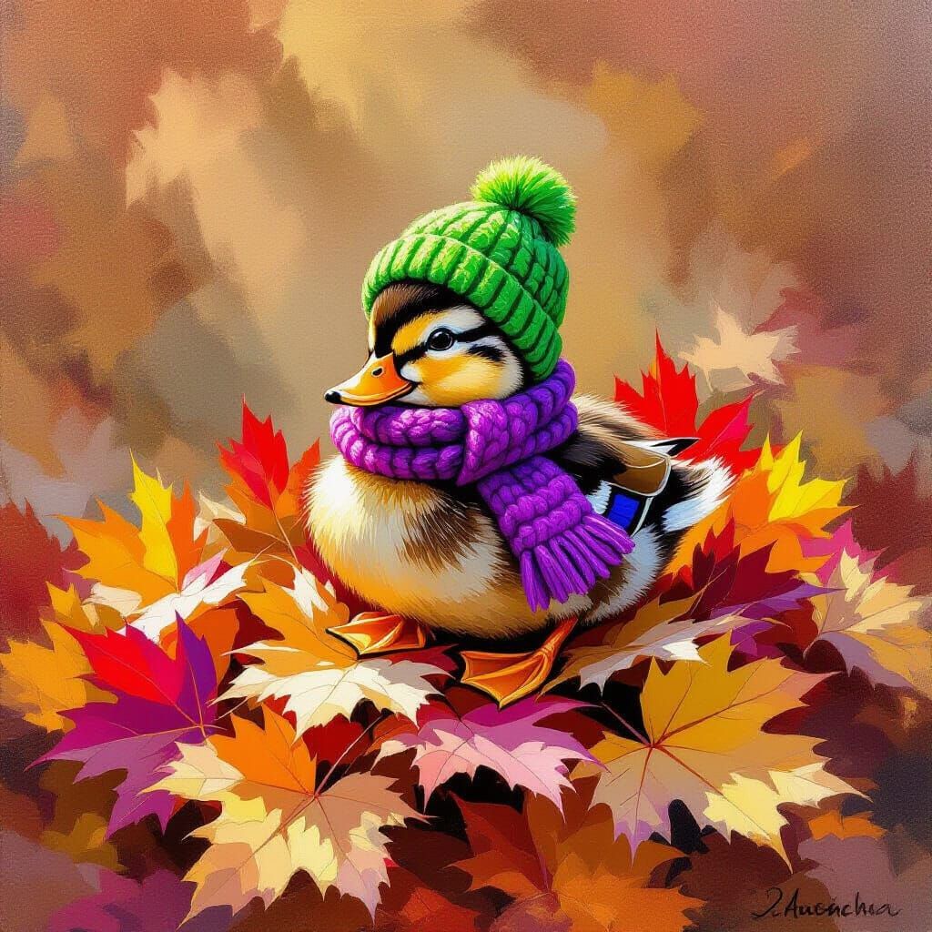 Cute Duckling in Beanie and Scarf on Autumn Leaves