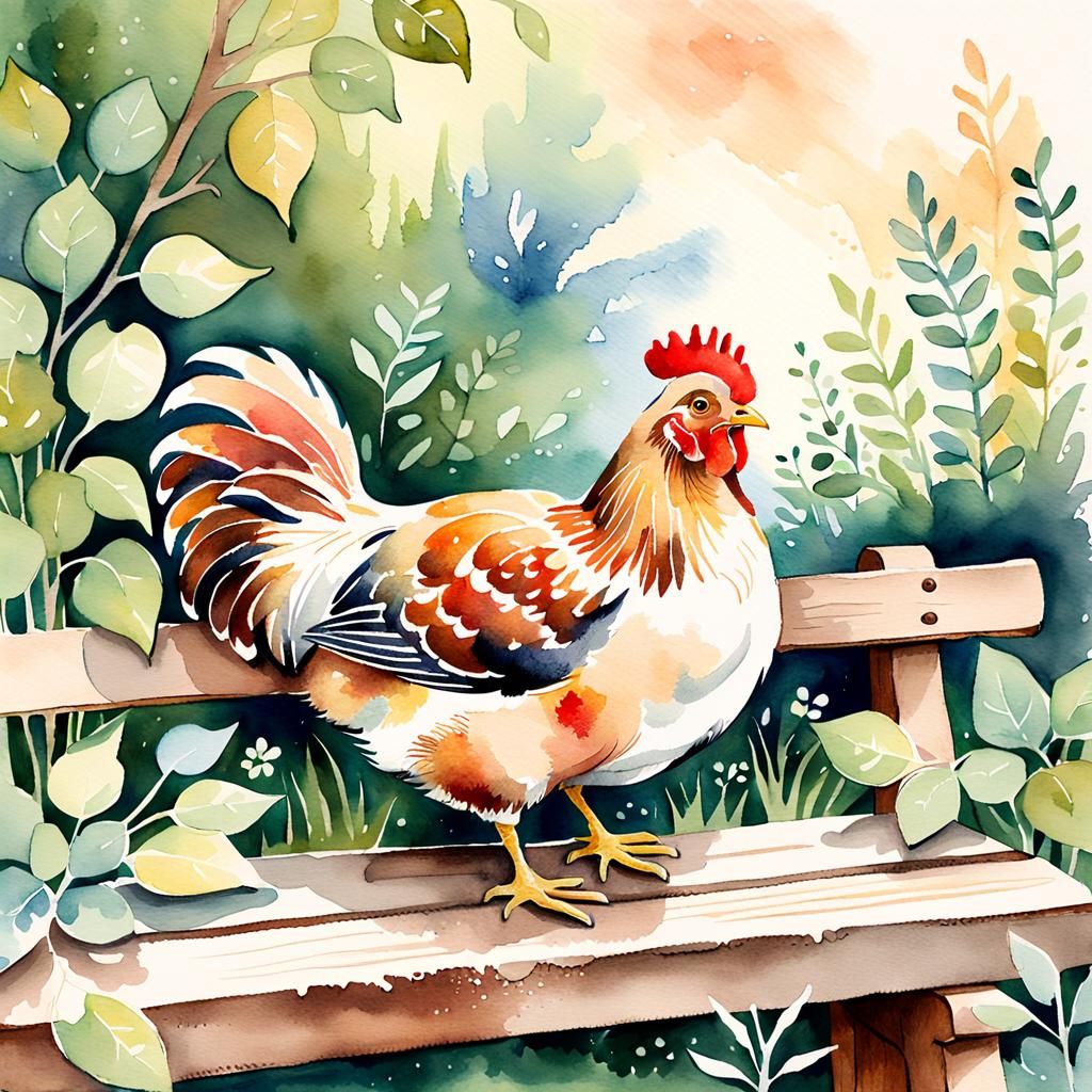 Contented Hen Perched in Lush Greenery: Watercolor Painting