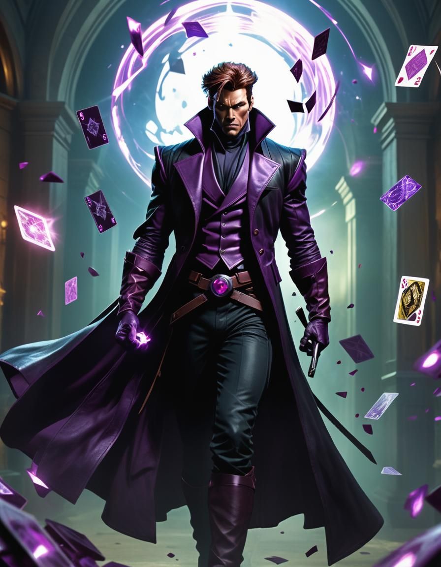 Mysterious Spellcaster Wields Cards with Purple Glow