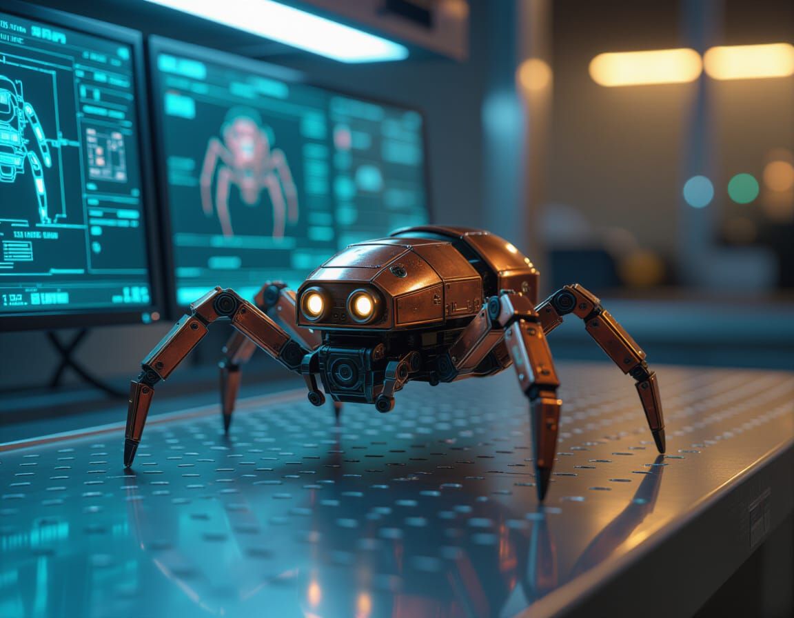 Copper Spider Robot Mech in Cyberpunk Style