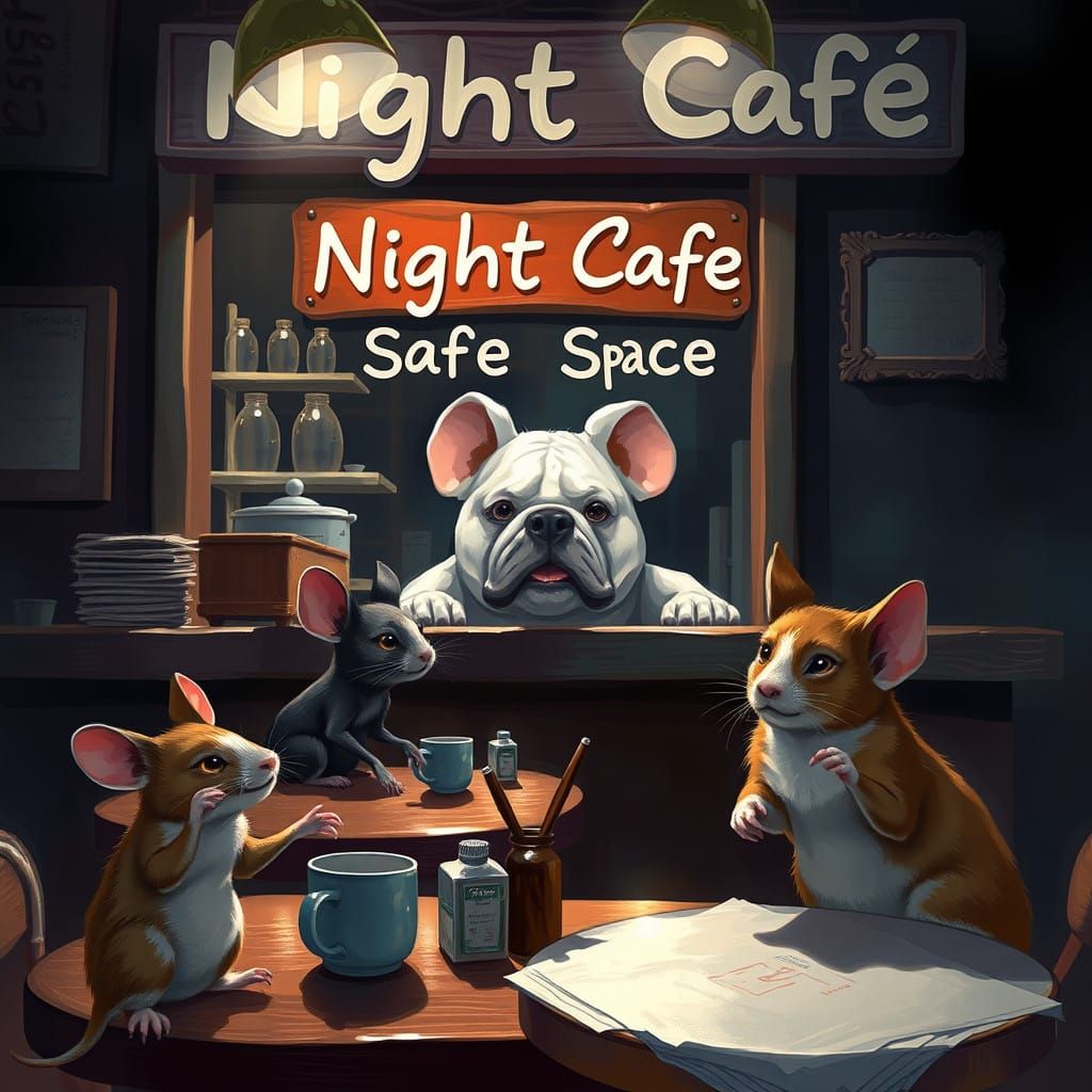 Whimsical Night Cafe Scene in Hyperrealistic Style