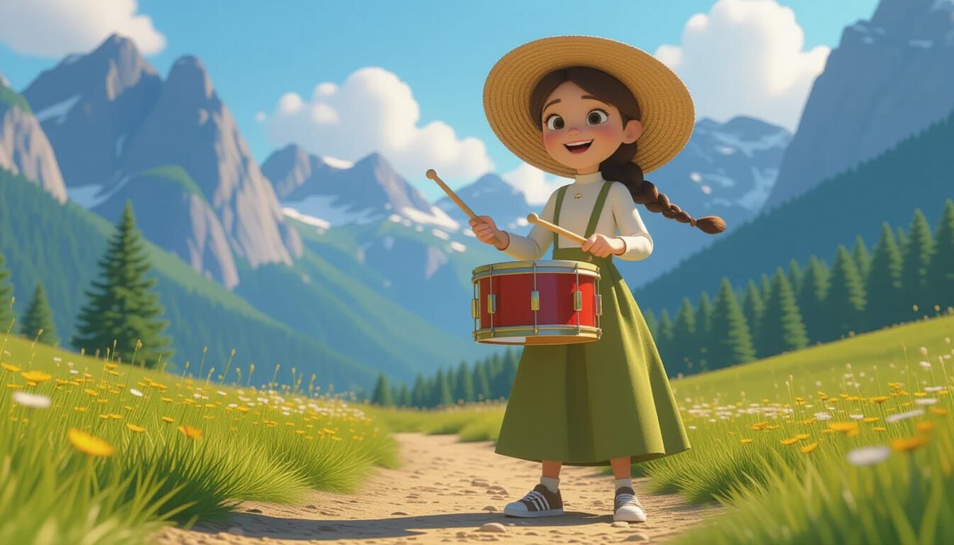 Cheerful Girl Drummer in Pixar-Style 3D Animation