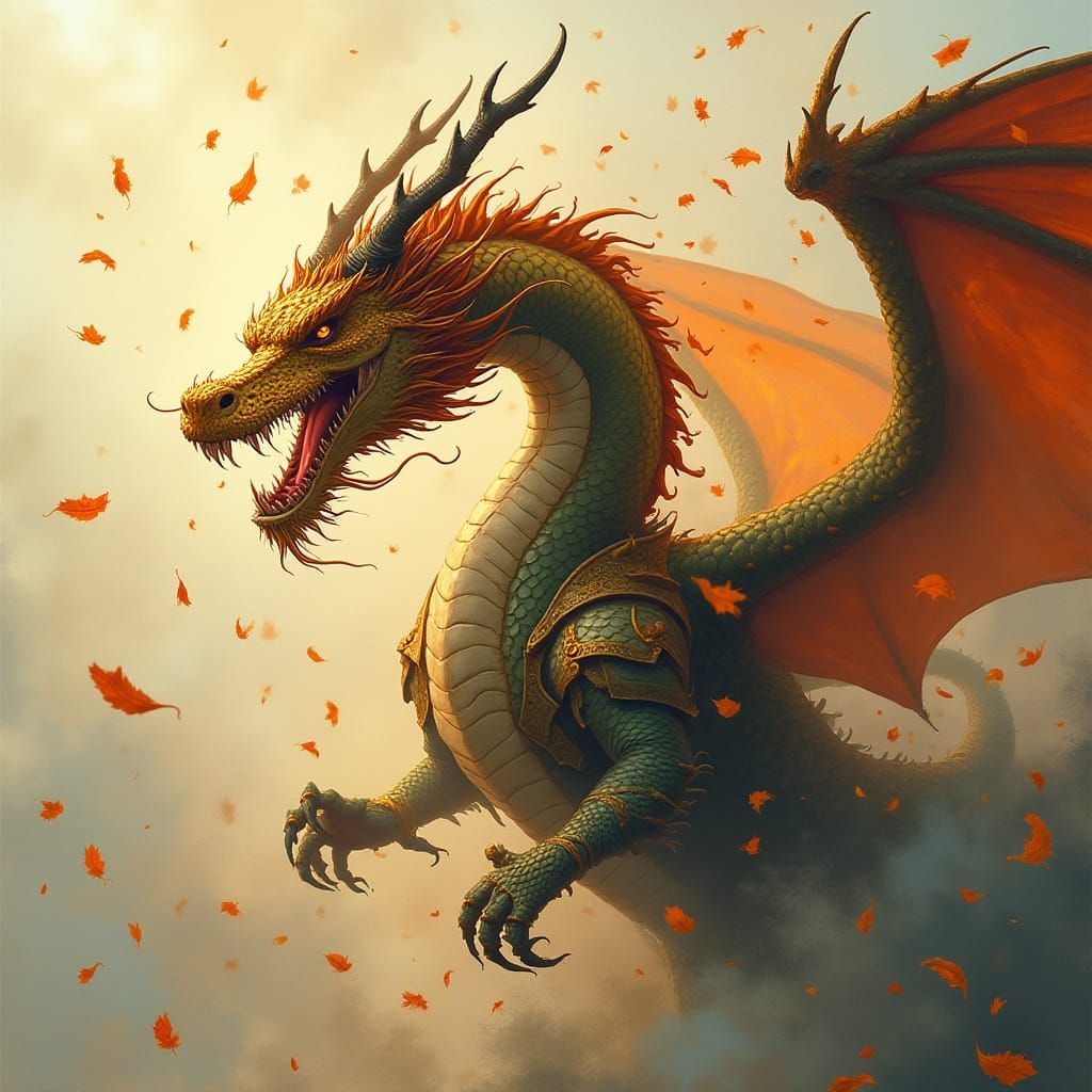 Majestic Dragon Swept Away by Whirlwind of Golden Tea Leaves