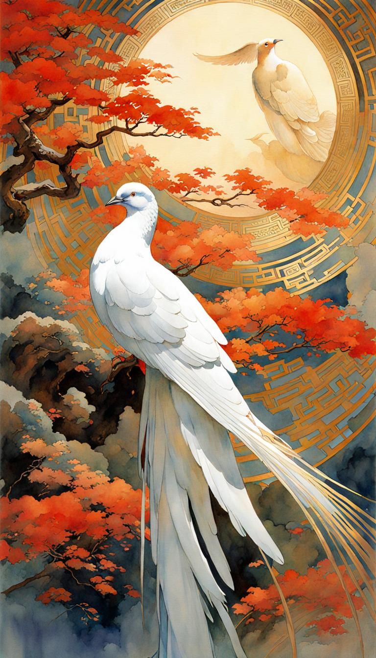 Dove in Watercolor, Art Deco Ukiyo-e Style