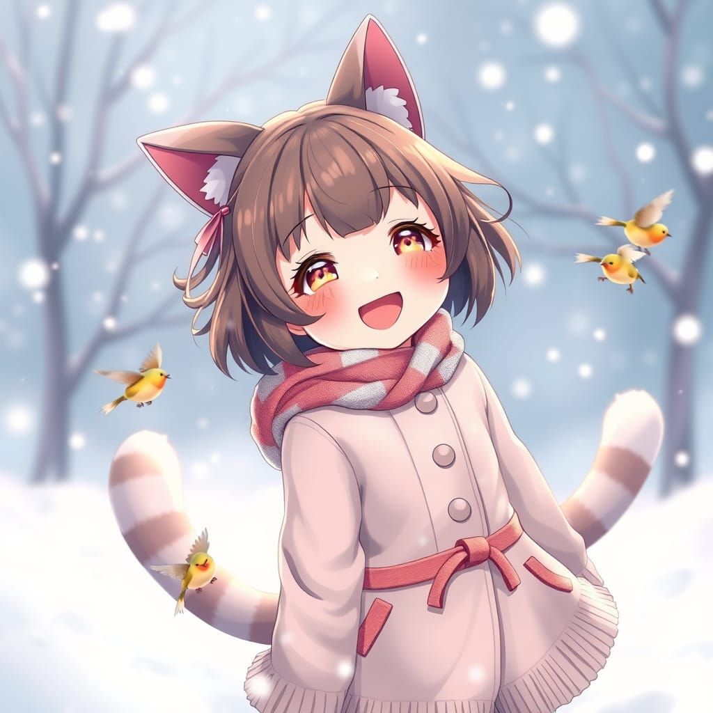 Neko Girl Playing in Snow, 3D Anime Style