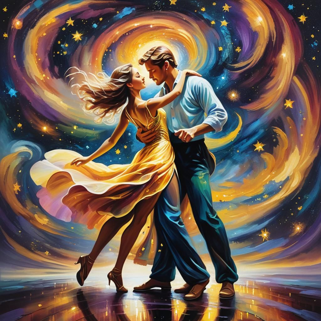 Couple Dancing Under Stars in Oil Painting
